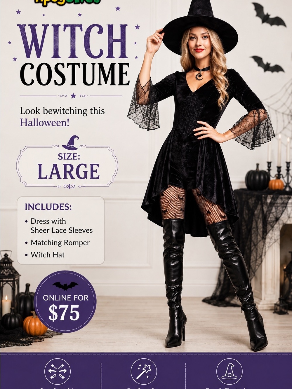 Tipsy Elves Black Velvet Witch Costume with Hat